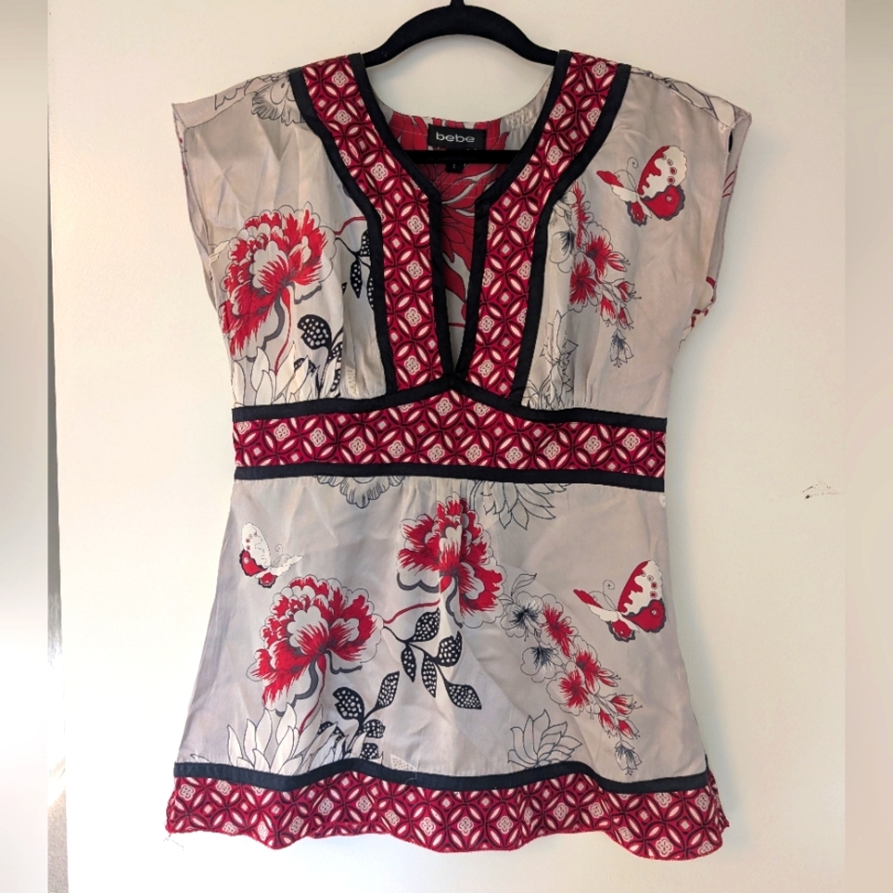 Bebe Silk Asian-Themed Waisted Blouse